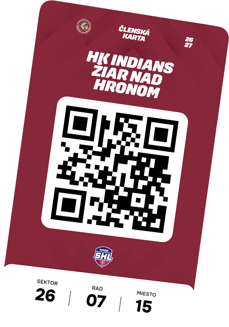Digitálna členská karta HK Indians Žiar nad Hronom pre sezónu 2026/27 s QR kódom a údajmi sektor, rad a miesto